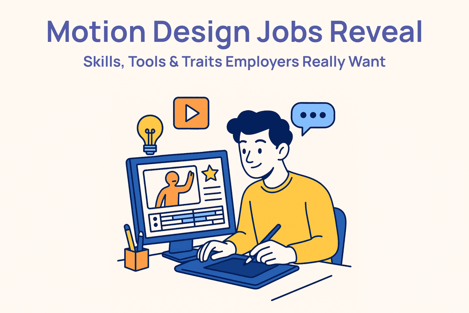 Illustration of a motion designer at a workstation with the headline Motion Design Jobs Reveal Skills, Tools and Traits Employers Really Want.