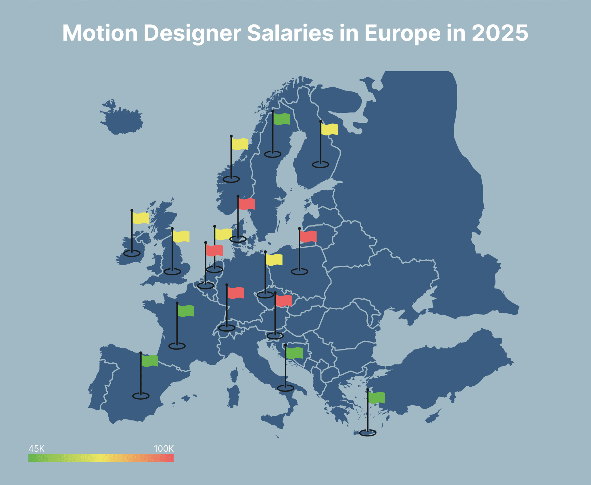Map comparing motion graphics designer salaries across European countries in 2025.